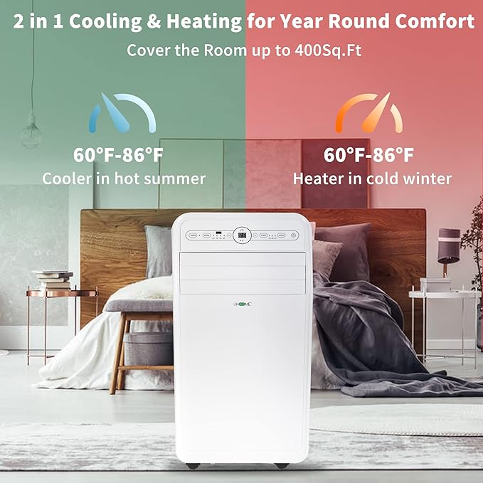 Uhome 12000 BTU Portable Air Conditioner with Heater up to 400 Sq. Ft, Ac Heater Combo Window Unit, Portable AC Unit with Dehumidifier & Fan, Cools & Heats,Remote Control and Window Kit Included,White - Image 9