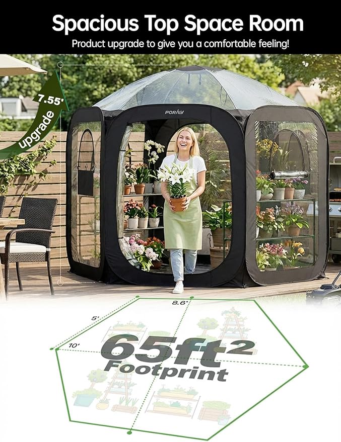 Porayhut Pop Up Greenhouse Tent,Portable Large Walk-in Plant House 10’X10’ ,Indoor Outdoor Gardening Plant Sunshine Room with PVC Mesh Cloth Cover for Protecting Plant from Cold Frost & Birds - Image 3