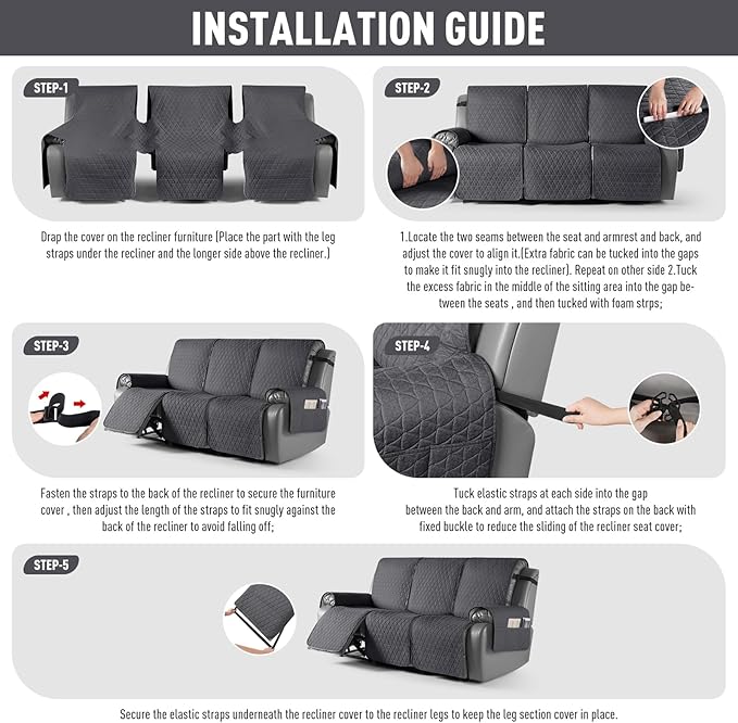 TAOCOCO 100% Waterproof Recliner Cover, Non-Slip Washable Reclining Couch Cover with Elastic Leg Straps, Furniture Protector for Dogs (Black Gray, 3 Seater) - Image 7