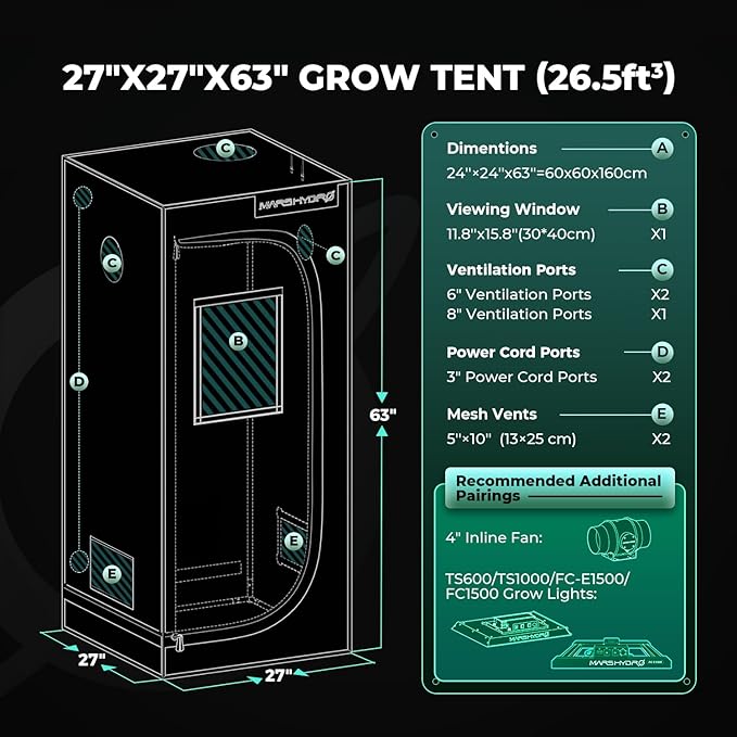 MARS HYDRO 2x2x5 Grow Tent Pro, 24"x24"x63" 2000D Thickened Polyester Canvas & High Reflective Mylar, Larger Observation Window, Controller & Socket Hanger,for TS600/FC1500/TS1000 Indoor Plant Growing - Image 8