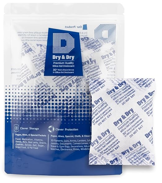 Dry & Dry 50 Gram [10 Packets] Silica Gel Packets Desiccants, Silica Packets - Rechargeable Silica Gel Packs, Desiccants Packets, Silica Gel by DryDry