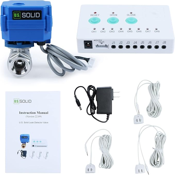 U.S. Solid Water Leak Detector - Water Alarm Leak Detect System with 1/2” Automatic Shut-Off NSF Certified 304SS Motorized Ball Valve, Controller and 3 Sensors and Sound Alarm by USSolid