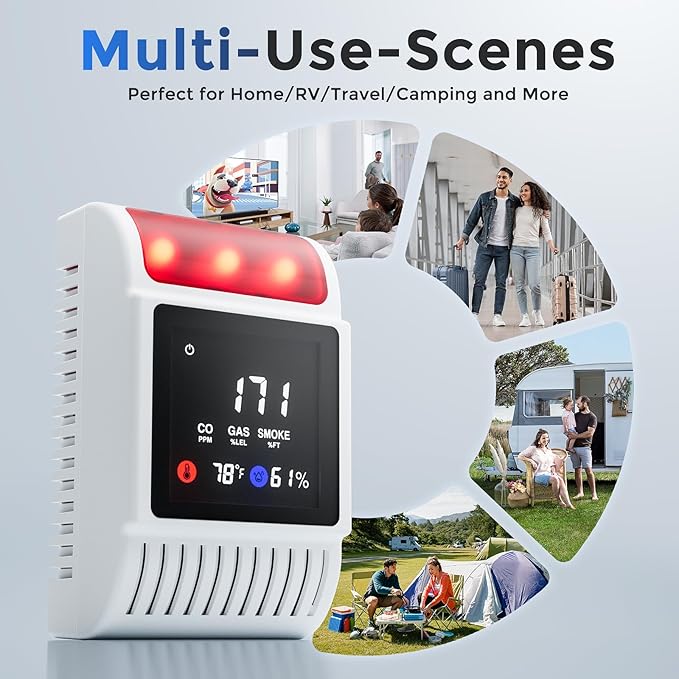 6 in 1 Carbon Monoxide Detectors & Smoke Detector, Natural Gas & Carbon Monoxide Detector Plug in with Battery Backup, Fire & Smoke Alarm with Adjustable Sound Light Alarm Functions for Home/RV - Image 7