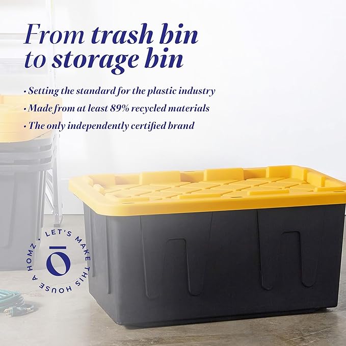 HOMZ 4-Pack Durabilt Tote, Heavy Duty Plastic Storage Bins with Lids, 15 Gallon, Black/Yellow - Stackable Organizing Containers for Home, Garage, and Office - Image 7
