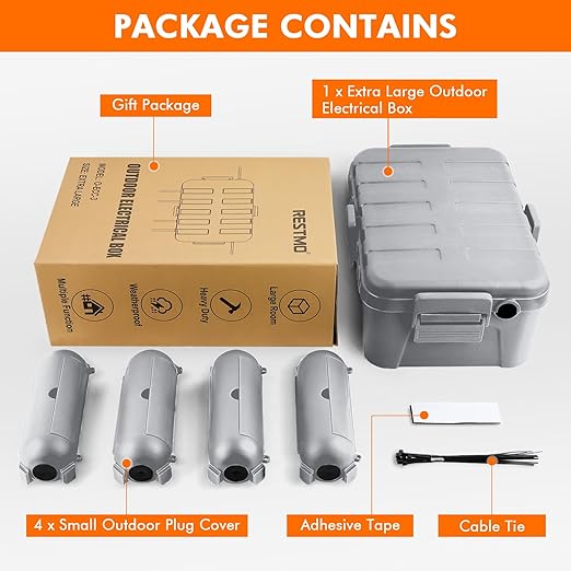 RESTMO 5-Piece Outdoor Waterproof Electrical Box Set – 12.5" x 8.5" x 5" Large & 7.1" x 2.3" x 2.3" Small, Weatherproof Boxes for Power Strip, Outlet, Plug, Socket, Timer, Holiday Light, Light Gray - Image 2