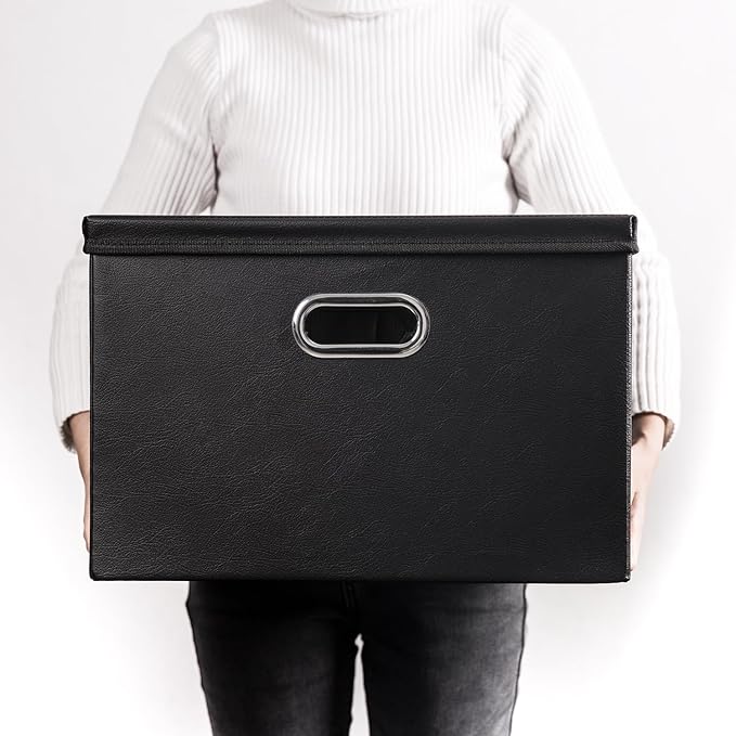 PRANDOM Large Stackable Storage Boxes with Lids [5-Pack] Leather Fabric Foldable Storage Bins Organizer Containers Baskets Cubes with Cover for Bedroom Closet Office Nursery Black(17.7x11.8x11.8) - Image 7
