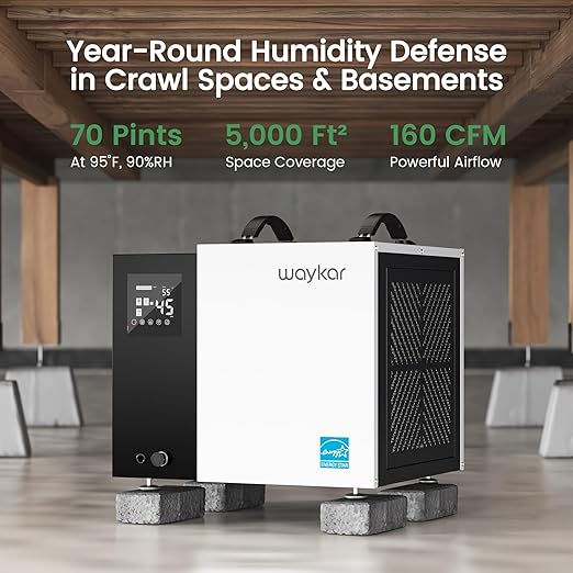 Waykar 70 Pint Energy Star Crawl Space Dehumidifier with Drain Hose, Commercial Dehumidifier for Basements and Home, for Spaces up to 5000 Square Feet, Smart Humidity Control - 5-Year Quality Coverage - Image 3