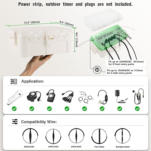 Flemoon Outdoor Electrical Box with Transparent Lid, IP54 Waterproof Electrical Box Outdoor, Large Weatherproof Extension Cord Cover with Clear Cover for Photocell Light Sensor Timer, Outlet, White - Image 3