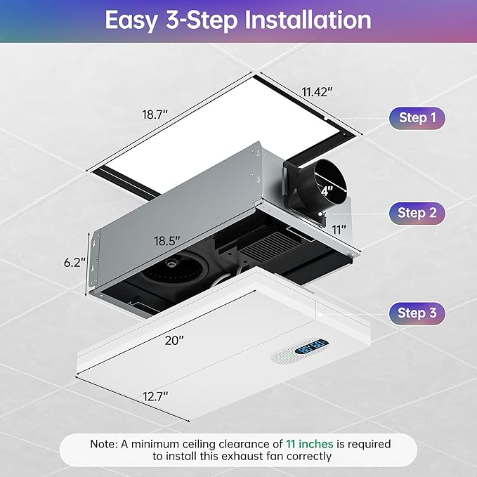 Bathroom Exhaust Fan with Heater, Light, Bluetooth Speaker and Odor & Humidity Sensors, 230 CFM Quiet Ceiling Fan with 3 Dynamic RGB Lighting, 3CCT - Remote App Control - Works with Alexa - Image 9