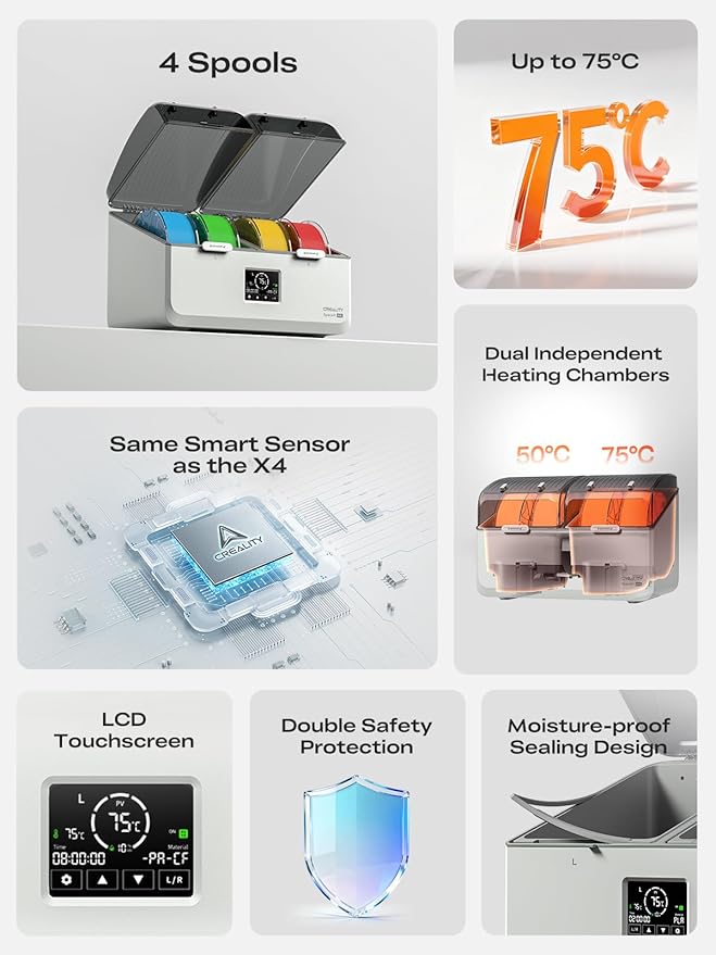 Creality Space Pi X4L Filament Dryer Box, Dual Independent Chambers, 4 Spool Capacity, 75°C High-Temp Drying, Smart Energy-Saving Mode,3D Printer Filament Dehydrator for PLA, PETG, ABS, TPU, PA, Nylon - Image 3