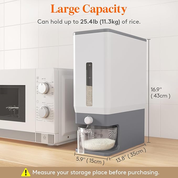 Lifewit Rice Dispenser 25 Lbs(11.3kg), Rice Storage Container Sealed Moisture Proof with Measuring Cup for Kitchen Pantry Household, BPA-Free, 1 Pack Grey - Image 6
