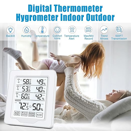 Indoor Outdoor Thermometer Wireless with 3 Remote Sensors, Digital Temperature Humidity Monitor Gauge with 500FT/150M Range, Temp Alert and Backlight - Image 2