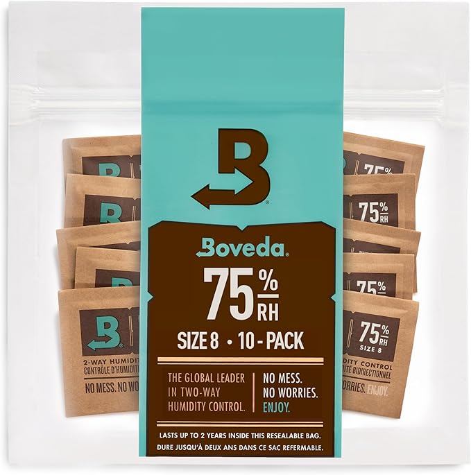 Boveda 75% Two-Way Humidity Control Packs For Storing Up to 5 Items – Size 8 – 10 Pack – For Small Non-Plastic Travel Cases – Moisture Absorbers – Humidifier Packs in Resealable Bag by Boveda