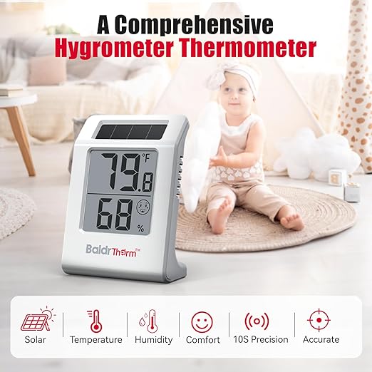 BaldrTherm 2.2'' Digital Thermometer and Hygrometer Meter, Solar-Powered Indoor Temperature Sensor Humidity Monitor, Humidity Gauge for Baby Rooms, Bedrooms, Home, Office, and Wine Cellars, 1Pack - Image 6