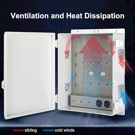 Outdoor Electrical Junction Box with High Power Outlet, 16" H* 12" L* 5.9" W, ABS Water Resistant Enclosure with Internal Mounting Panel & Hinged Cover. - Image 3