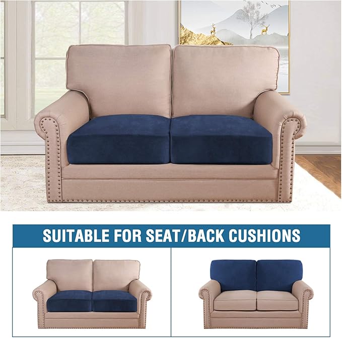 H.VERSAILTEX Velvet Stretch Couch Cushion Cover Plush Cushion Slipcover for Chair Loveseat Sofa Cushion Furniture Protector Seat Cushion Sofa Cover (2 Piece Large Sofa Cushion Covers, Navy) - Image 3