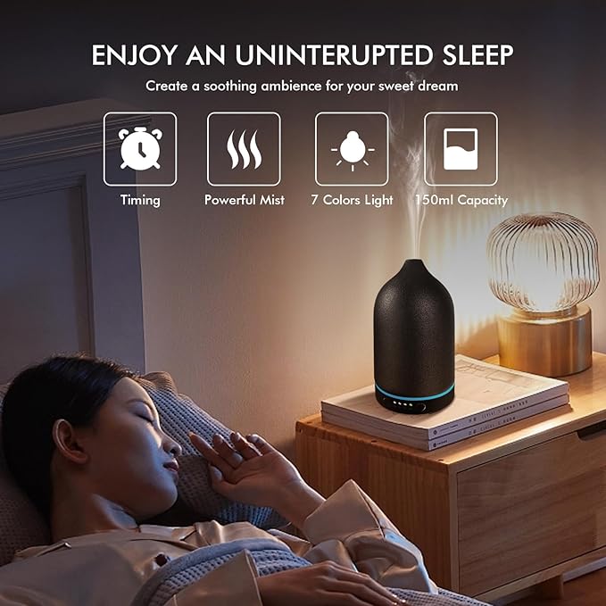 Essential Oil Diffuser Ceramic Diffuser - 150ml Aromatherapy Diffuser for Essential Oils with Timer and 7 Colors LED Light Ultrasonic Aroma Diffuser with Auto Shut-Off, Home Office Decor&Gift (Black) - Image 3