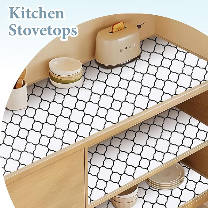 Shelf Drawer Liners for Kitchen Cabinets 11.8 x 118 Inches Non Adhesive Drawer Liner Thickened Refrigerator Liner Black Quatrefoil Strong Non-Slip Paper for Tool Box with Knife and Tape Measure - Image 3