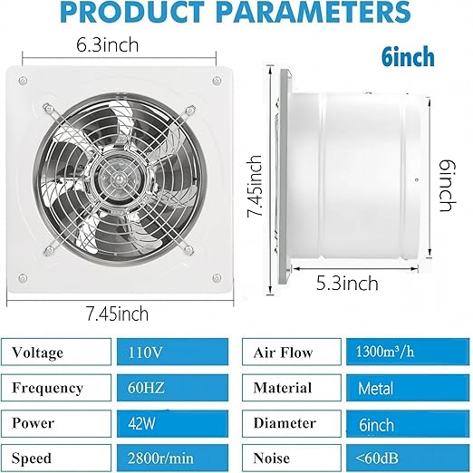 6 inch Exhaust Fan Wall Mounted Garage Ventilation Fan,290CFM Metal Attic Exhaust Fan Basement Extractor Fans with Backdraft Damper for Home Office Commercial Use(42W 110V 、White) - Image 3