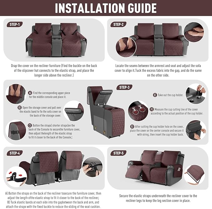 TAOCOCO 100% Waterproof Loveseat Recliner Couch Sofa Covers with Console,Double Reclining Couch Cover Non-Slip Sofa Slipcovers Washable,Furniture Protector Covers for Kids,Pets(2 Seater,Coffee) - Image 7