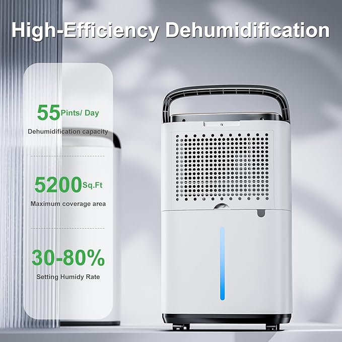 55 Pint Portable Dehumidifier with Drain Hose for Basements, 5,200 Sq. Ft. Dehumidifiers Auto Drain or Manual Drainage, Quiet Dehumidifier for Home with 6L Water Tank - Image 4