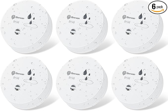 Geevon 6 Pack Water Leak Detectors, 100dB Water Sensor Alarms Flood Detector for Basements, Bathrooms, Laundry Rooms, Kitchens, Garages, and Attics, Water Alarms Battery-Operated (Battery Included) by GEEVON