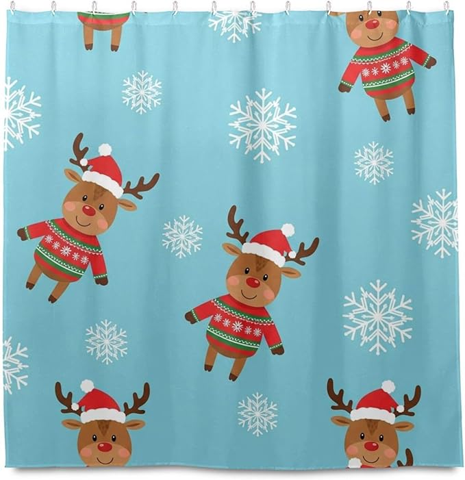 Christmas Santa Reindeer Blue Shower Curtain Liner 72×72 inch for Bathroom Curtain Anti Mold Shower Curtain with Hooks Shower Accessories - Image 2