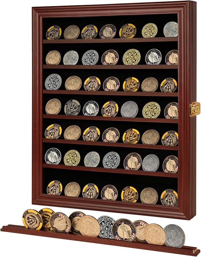Jinchuan Military Challenge Coin Display Case Lockable Cabinet Rack Holder Shadow Box with Removable 2 Grooves Shelves and Anti Dust Door for Casino Poker Chips Collectibles, Large - Mahogany by Jinchuan