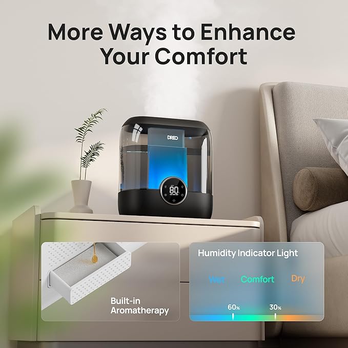 DREO 6L Top Fill Humidifiers for Bedroom, 60H Runtime, 28 dB Quiet Supersized Cool Mist Humidifiers for Large Room, Ultrasonic Humidifier for Home, Plant, Baby, Night Light, Indoor - Image 7
