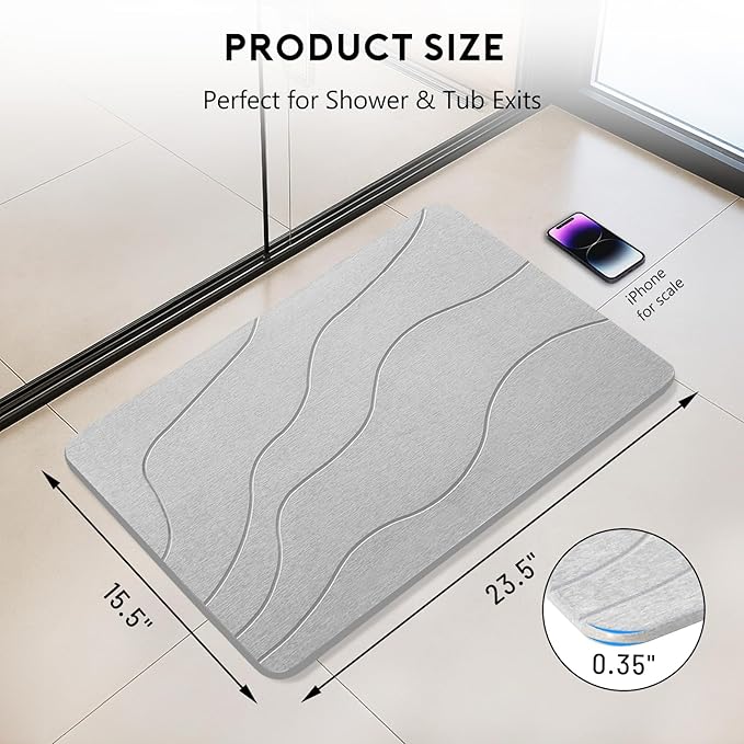 Stone Bath Mat for Shower Exit, Quick-Dry Diatomaceous Earth, New Apartment Essential & Housewarming Gift, 23.5" x 15.5" Light Gray-Wave - Image 2