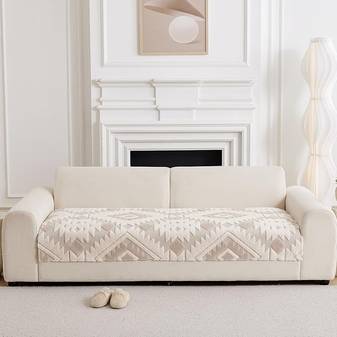Boho Plush Couch Covers for Sofa Washable, Fuzzy Soft Couch Cover for Sectional Sofa, Non Slip Jacquard Sofa Cover Furniture Protector for Kids, Pets (Light Coffee,36"x63") - Image 3