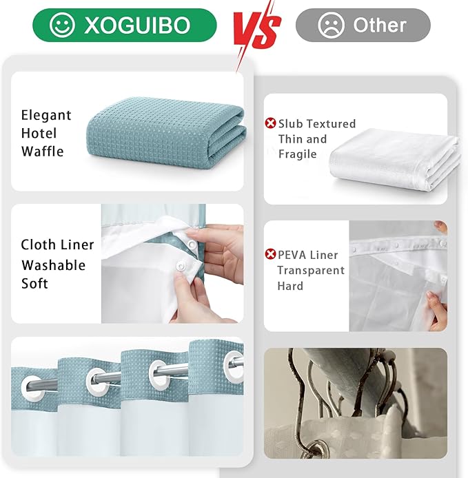 No Hook Shower Curtain and Liner Set,Cyan Hotel Waffle Shower Curtain with Liner 75" L x 72" W - Image 5