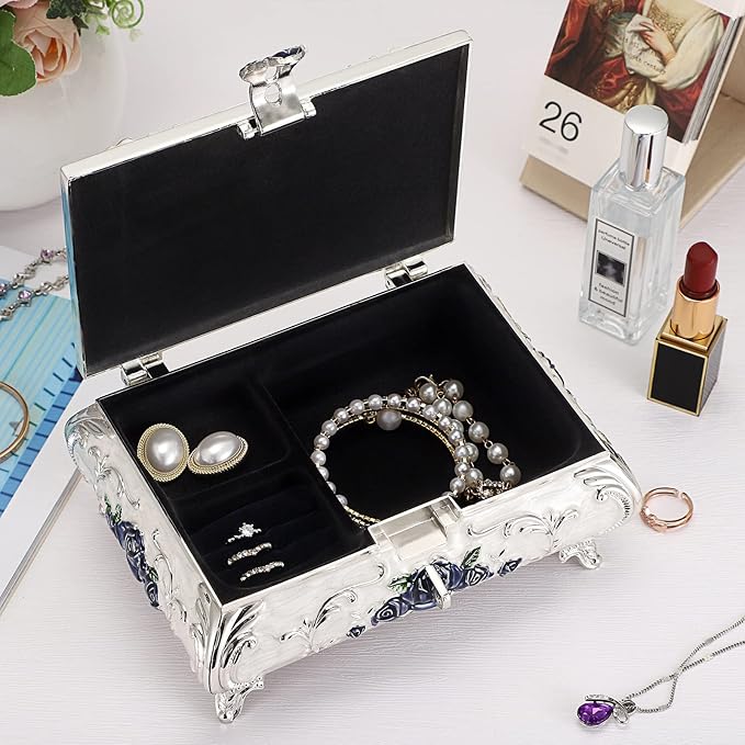 Hipiwe Metal Decorative Jewelry Box Vintage Treasure Chest Case Ornate Trinket Organizer Earrings Necklace Bracelet Storage Box Ring Holder Keepsake Box for Women - Image 3