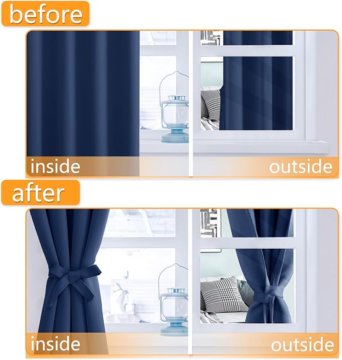 Hiasan Room Darkening Curtains for Bedroom, 70 x 84 Inches - Thermal Insulated & Energy Saving Window Drapes for Living Room/Dorm Room, Set of 2 Panels Sewn with Tiebacks, Navy - Image 4