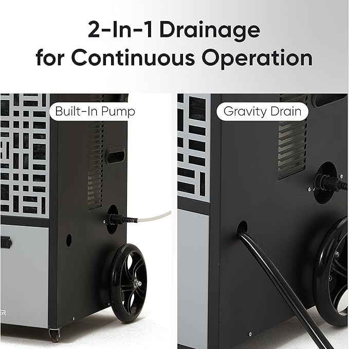 105-Pint Commercial Dehumidifier for Basements & Industrial Spaces – Built-In Pump, Drain Hose, Continuous Operation, 2-Speed Fan, 8000 Sq Ft Coverage, ETL Certified - Image 3