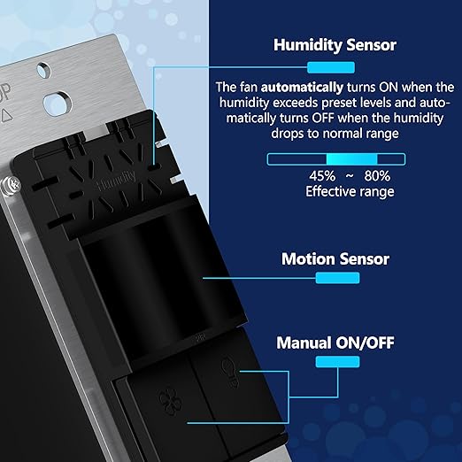 LIDER Humidity Sensor Switch and Motion Sensor Light Switch, PIR Sensor, Humidity Detection, Occupancy/Vacancy, No Neutral Required, ¼ HP, 1-Pole, UL Listed, Black, Wall Plate Included - Image 3
