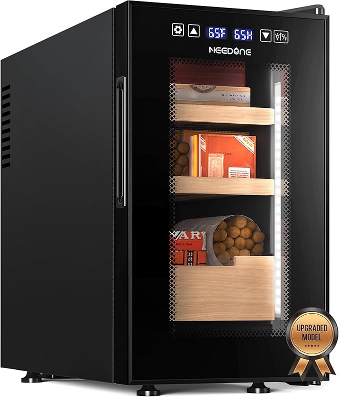 NEEDONE 23L Pro 1S Cigar Humidor, Smart Humidity & Temp Quiet Control, Holds 150 Counts, Electric Thermostatic Cabinet w/Spanish Cedar Wood Shelves & Drawer, Digital Hygrometer, Gifts for Men by NEEDONE
