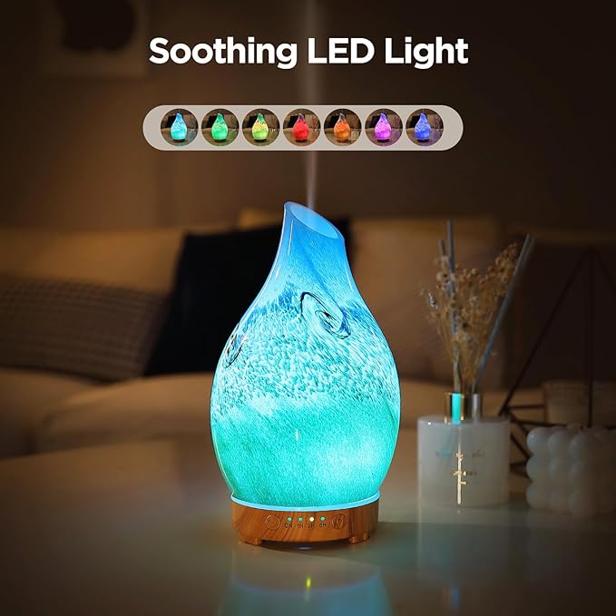 Vase Aroma Essential Oil Diffuser 160ml Art Glass Ultrasonic Cool Mist Scent Aroma Diffuser, Intermittent with Auto Shut-Off Timer Setting &7 Colors Night Light for Home-Ends of The Earth - Image 2