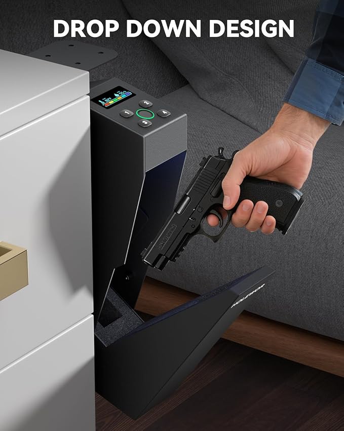 Gun Safe Biometric Pistol Safe Fingerprint Drop Down Mount Handgun Safe Under Table for Desk Bedside Nightstand - Image 2