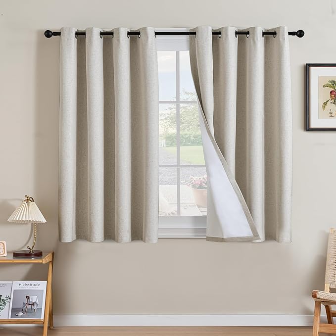 H.VERSAILTEX Linen Curtains 100% Blackout Curtains for Bedroom 45 inch Long Full Light Blocking Nature Linen Blended Window Curtains for Living Room Nickel Grommet (2 Panels, Heathered Linen) by HVERSAILTEX