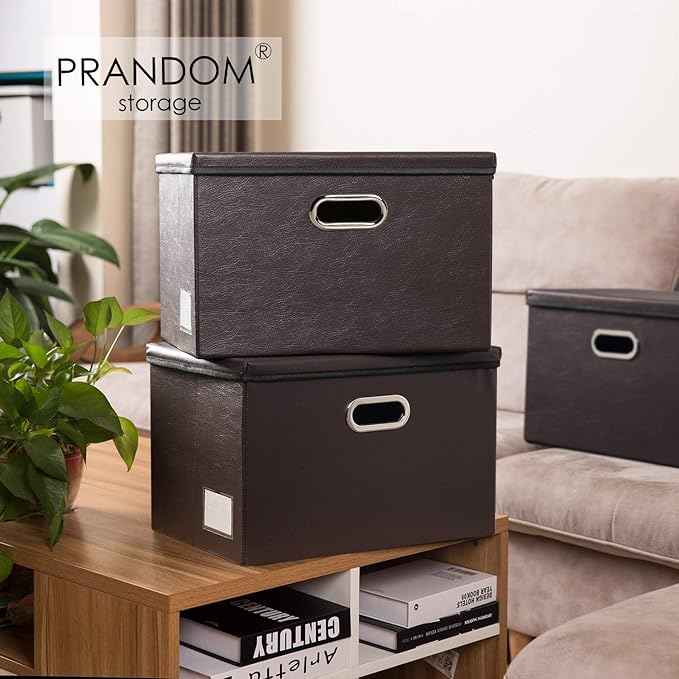PRANDOM Collapsible Storage Bins with Lids [3-Pack] Leather Fabric Foldable Storage Boxes Organizer Containers Baskets Cube with Cover for Bedroom Closet Office Nursery Brown (14.9x10.8x10) - Image 2