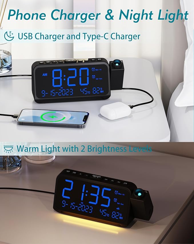 Roxicosly Projection Alarm Clock for Bedroom Ceiling, 118 dB Super Loud for Heavy Sleepers, 6.7" Large Digital Dimmable Display with Day Date Indoor Temp Humidity, Dual Alarms Adjustable Volume - Image 6