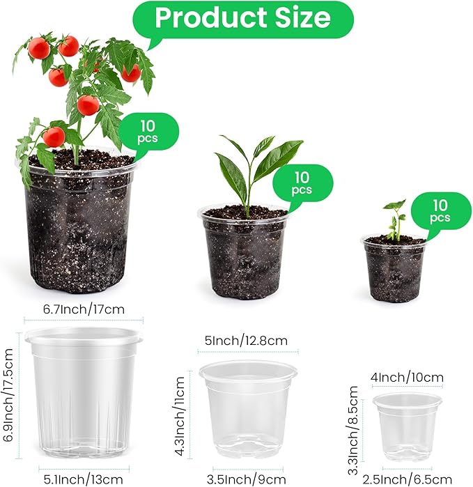 30 Packs 7/5/4 Inch Reinforced Clear Nursery Pots with Drainage Hole, Transparent Variety Pack Plastic Plant Pot Seedling Planter for Vegetable Propagation, Root Cutting, Seed Starting - Image 2
