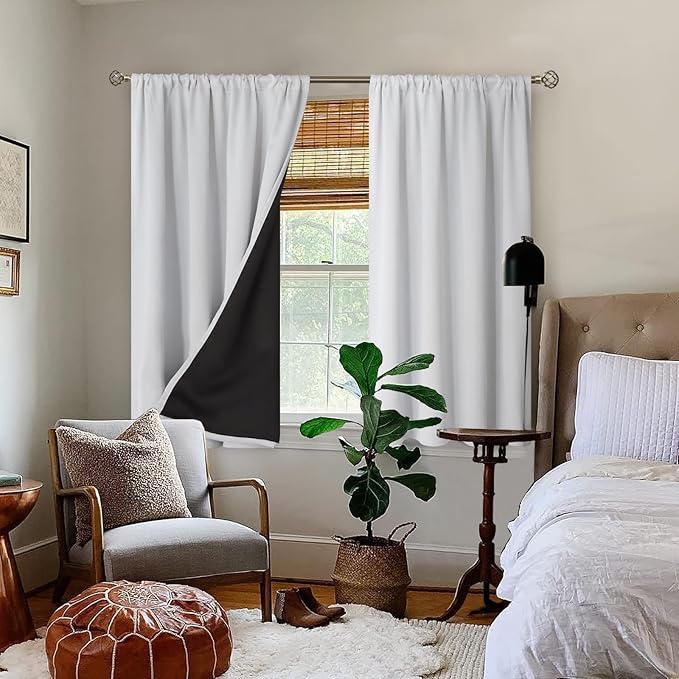 BGment Thermal Insulated 100% Blackout Curtains for Bedroom with Black Liner, Double Layer Full Room Darkening Noise Reducing Rod Pocket Curtain (52 x 54 Inch, Greyish White, 2 Panels) - Image 2