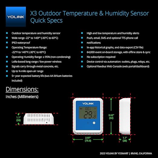 YoLink X3 Outdoor Temperature and Humidity Sensor with Data Logger, Thermometer, 1/4 Mile Range, 5+ Years Battery Life, Emails, Text, App Alerts, Alexa, IFTTT. Hub Required! - Image 3