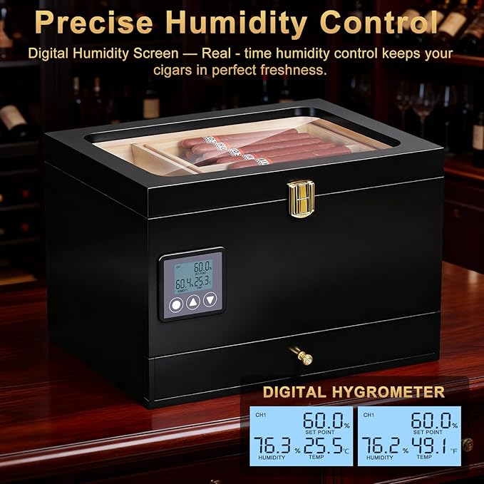 Electric Humidor Cabinet with Precision Humidity Control & Digital Display | 65-Capacity Double Cedar Shelves, Glass Top & Accessory Drawer Father's Day Gift for Men Black - Image 2