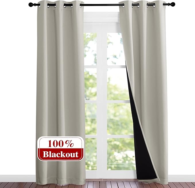 NICETOWN Natural Blackout Curtains 80 inches Long, 2 Pieces, 37" Wide Each Panel, Full Light Blocking Drapes with Black Liner for Nursery, Noise Reducing Thermal Insulated Draperies for Doorway - Image 2