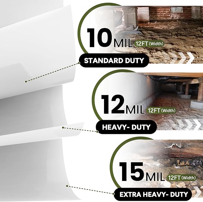 White Crawl Space Vapor Barrier, 10 Mil Vapor Barrier, 10' x 25', Heavy Duty Polyethylene Film, Thick Plastic Sheeting, Plastic Drop Cloth Covering for Crawlspace, Basement, White - Image 6
