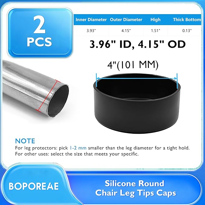 2 Pcs 4" (101 mm) Round Chair Leg Tips Caps, Silicone Rubber Furniture Leg Floor Protectors, Reduce Noise Folding Metal Chair Leg Cap Replacement for Bar Stool Leg Patio Indoor, Black - Image 9
