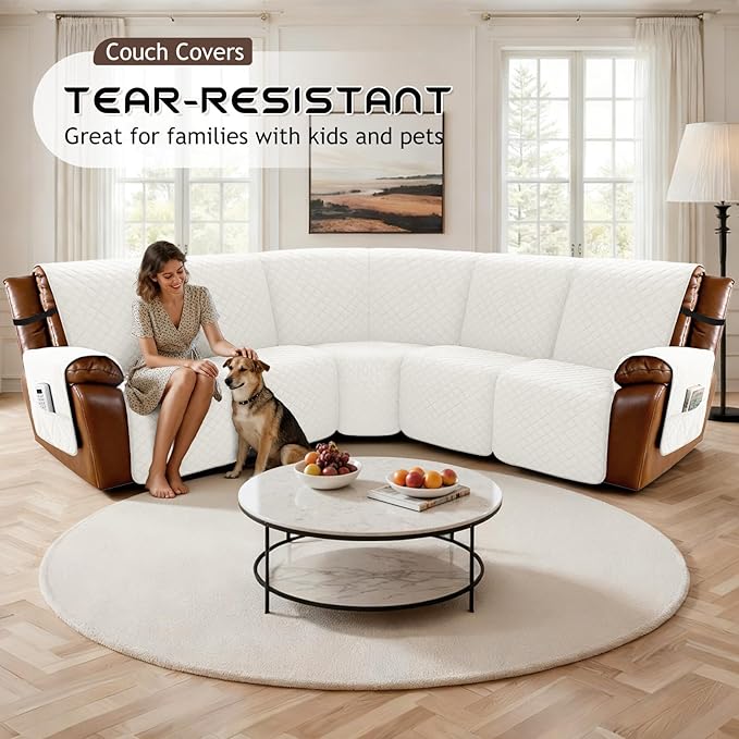 Arfntevss Waterproof Recliner Sectional Couch Covers for Reclining Sectional L Shape Sofa Cover Non Slip Washable Recliner L Shaped Slipcover Sets for Dog Furniture Protector (5 Seater, Cream White) - Image 7